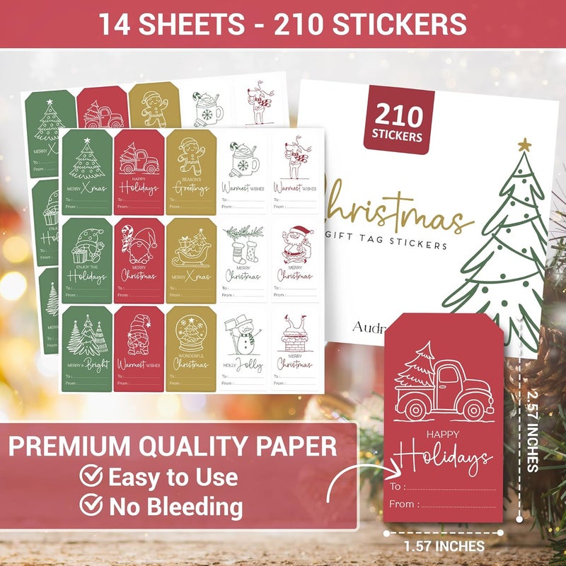 AUDREE 210 Pcs Christmas Gift Tags Stickers - Self-Adhesive Red, Green & Gold Holiday Label Set - 15 Festive Designs for Xmas Gifts, Boxes, Cards & Wrapping - Image 2